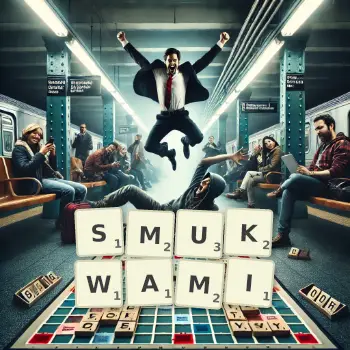 Kreatywna ilustracja do gry w Scrabble ze słowem SMUKWAMI ułożonym z płytek na planszy.