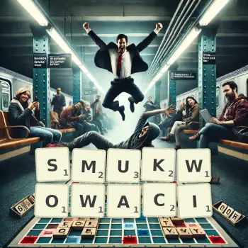 Kreatywna ilustracja do gry w Scrabble ze słowem SMUKWOWACI ułożonym z płytek na planszy.