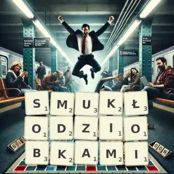 Kreatywna ilustracja do gry w Scrabble ze słowem SMUKŁODZIOBKAMI ułożonym z płytek na planszy.