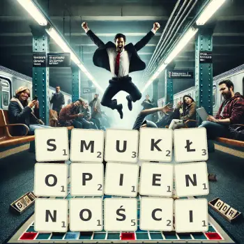 Kreatywna ilustracja do gry w Scrabble ze słowem SMUKŁOPIENNOŚCI ułożonym z płytek na planszy.