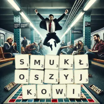 Kreatywna ilustracja do gry w Scrabble ze słowem SMUKŁOSZYJKOWI ułożonym z płytek na planszy.