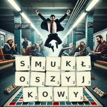Kreatywna ilustracja do gry w Scrabble ze słowem SMUKŁOSZYJKOWY ułożonym z płytek na planszy.