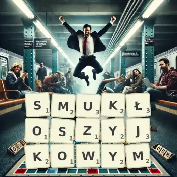 Kreatywna ilustracja do gry w Scrabble ze słowem SMUKŁOSZYJKOWYM ułożonym z płytek na planszy.