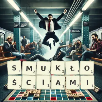 Kreatywna ilustracja do gry w Scrabble ze słowem SMUKŁOŚCIAMI ułożonym z płytek na planszy.