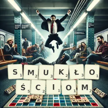 Kreatywna ilustracja do gry w Scrabble ze słowem SMUKŁOŚCIOM ułożonym z płytek na planszy.