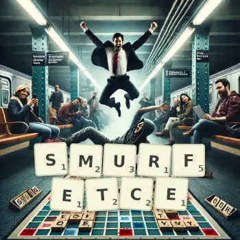 Kreatywna ilustracja do gry w Scrabble ze słowem SMURFETCE ułożonym z płytek na planszy.