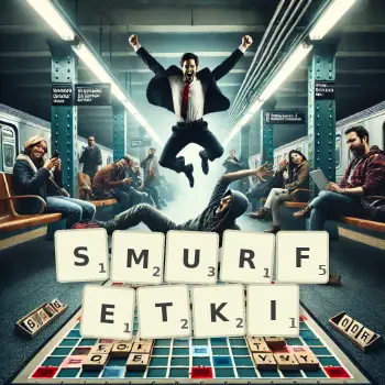 Kreatywna ilustracja do gry w Scrabble ze słowem SMURFETKI ułożonym z płytek na planszy.