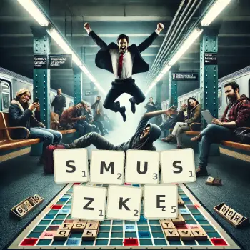 Kreatywna ilustracja do gry w Scrabble ze słowem SMUSZKĘ ułożonym z płytek na planszy.