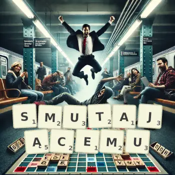 Kreatywna ilustracja do gry w Scrabble ze słowem SMUTAJĄCEMU ułożonym z płytek na planszy.