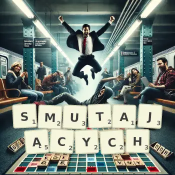 Kreatywna ilustracja do gry w Scrabble ze słowem SMUTAJĄCYCH ułożonym z płytek na planszy.