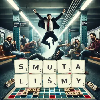 Kreatywna ilustracja do gry w Scrabble ze słowem SMUTALIŚMY ułożonym z płytek na planszy.