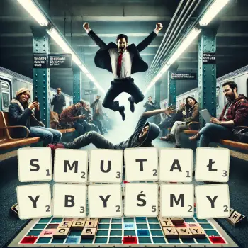 Kreatywna ilustracja do gry w Scrabble ze słowem SMUTAŁYBYŚMY ułożonym z płytek na planszy.