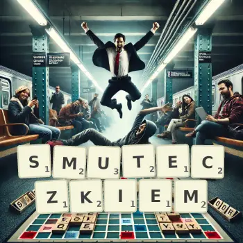 Kreatywna ilustracja do gry w Scrabble ze słowem SMUTECZKIEM ułożonym z płytek na planszy.