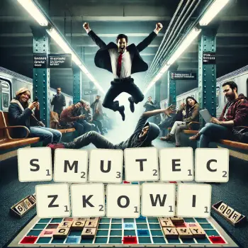 Kreatywna ilustracja do gry w Scrabble ze słowem SMUTECZKOWI ułożonym z płytek na planszy.