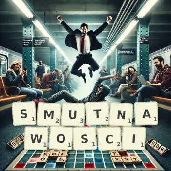 Kreatywna ilustracja do gry w Scrabble ze słowem SMUTNAWOSCI ułożonym z płytek na planszy.