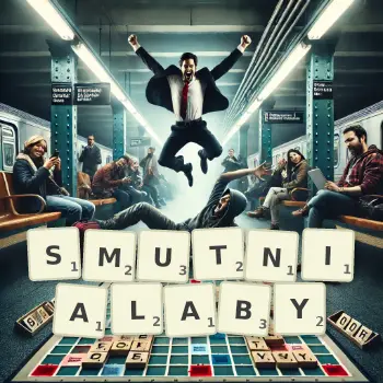 Kreatywna ilustracja do gry w Scrabble ze słowem SMUTNIALABY ułożonym z płytek na planszy.