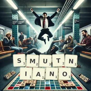 Kreatywna ilustracja do gry w Scrabble ze słowem SMUTNIANO ułożonym z płytek na planszy.