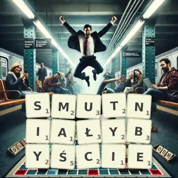 Kreatywna ilustracja do gry w Scrabble ze słowem SMUTNIAŁYBYŚCIE ułożonym z płytek na planszy.