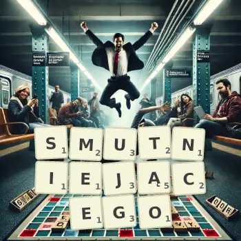 Kreatywna ilustracja do gry w Scrabble ze słowem SMUTNIEJĄCEGO ułożonym z płytek na planszy.