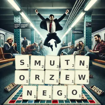 Kreatywna ilustracja do gry w Scrabble ze słowem SMUTNORZEWNEGO ułożonym z płytek na planszy.