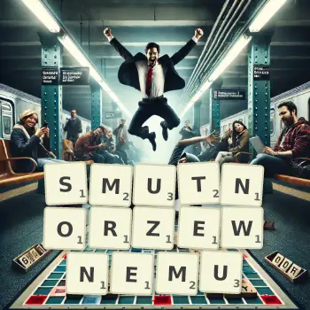 Kreatywna ilustracja do gry w Scrabble ze słowem SMUTNORZEWNEMU ułożonym z płytek na planszy.