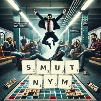 Kreatywna ilustracja do gry w Scrabble ze słowem SMUTNYM ułożonym z płytek na planszy.