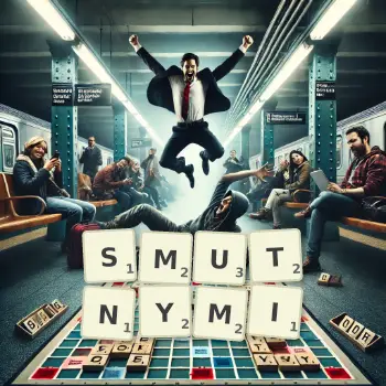 Kreatywna ilustracja do gry w Scrabble ze słowem SMUTNYMI ułożonym z płytek na planszy.