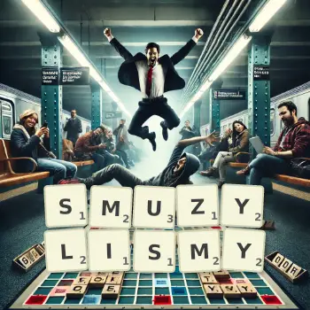Kreatywna ilustracja do gry w Scrabble ze słowem SMUZYLISMY ułożonym z płytek na planszy.