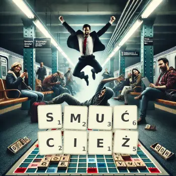 Kreatywna ilustracja do gry w Scrabble ze słowem SMUĆCIEŻ ułożonym z płytek na planszy.
