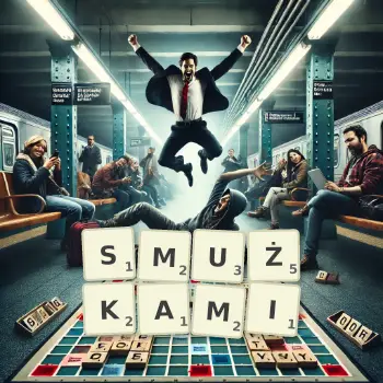 Kreatywna ilustracja do gry w Scrabble ze słowem SMUŻKAMI ułożonym z płytek na planszy.