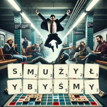 Kreatywna ilustracja do gry w Scrabble ze słowem SMUŻYŁYBYŚMY ułożonym z płytek na planszy.