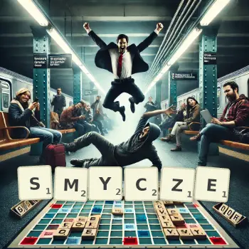 Kreatywna ilustracja do gry w Scrabble ze słowem SMYCZE ułożonym z płytek na planszy.