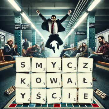 Kreatywna ilustracja do gry w Scrabble ze słowem SMYCZKOWAŁYŚCIE ułożonym z płytek na planszy.