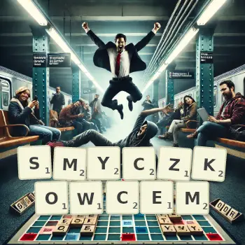 Kreatywna ilustracja do gry w Scrabble ze słowem SMYCZKOWCEM ułożonym z płytek na planszy.