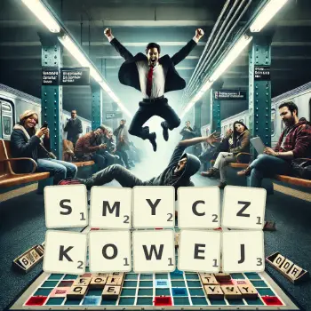 Kreatywna ilustracja do gry w Scrabble ze słowem SMYCZKOWEJ ułożonym z płytek na planszy.