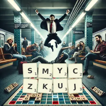 Kreatywna ilustracja do gry w Scrabble ze słowem SMYCZKUJ ułożonym z płytek na planszy.