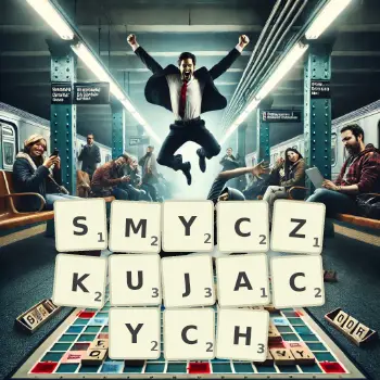 Kreatywna ilustracja do gry w Scrabble ze słowem SMYCZKUJACYCH ułożonym z płytek na planszy.