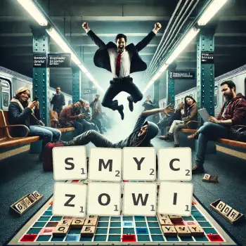 Kreatywna ilustracja do gry w Scrabble ze słowem SMYCZOWI ułożonym z płytek na planszy.