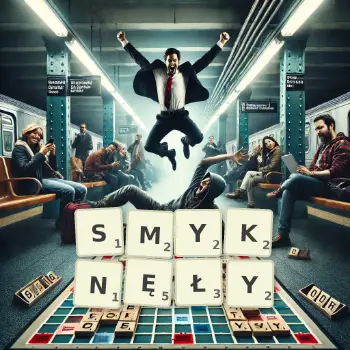 Kreatywna ilustracja do gry w Scrabble ze słowem SMYKNĘŁY ułożonym z płytek na planszy.