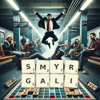 Kreatywna ilustracja do gry w Scrabble ze słowem SMYRGALI ułożonym z płytek na planszy.