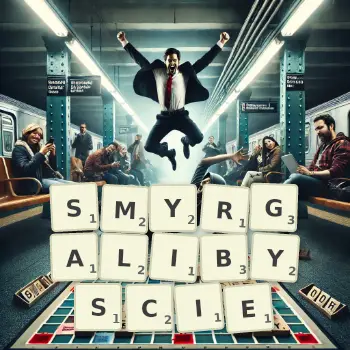 Kreatywna ilustracja do gry w Scrabble ze słowem SMYRGALIBYSCIE ułożonym z płytek na planszy.