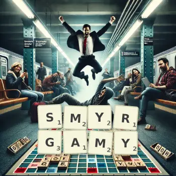 Kreatywna ilustracja do gry w Scrabble ze słowem SMYRGAMY ułożonym z płytek na planszy.