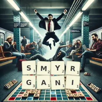 Kreatywna ilustracja do gry w Scrabble ze słowem SMYRGANI ułożonym z płytek na planszy.