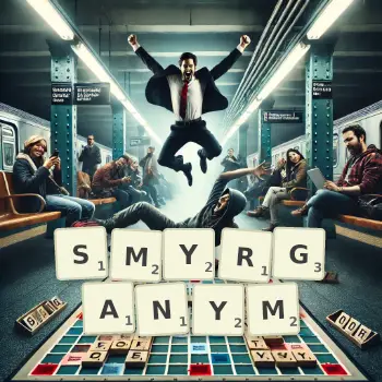 Kreatywna ilustracja do gry w Scrabble ze słowem SMYRGANYM ułożonym z płytek na planszy.