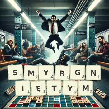 Kreatywna ilustracja do gry w Scrabble ze słowem SMYRGNIĘTYM ułożonym z płytek na planszy.