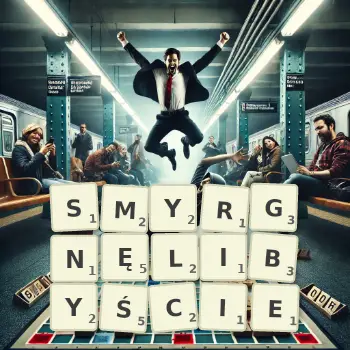 Kreatywna ilustracja do gry w Scrabble ze słowem SMYRGNĘLIBYŚCIE ułożonym z płytek na planszy.