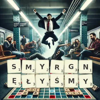 Kreatywna ilustracja do gry w Scrabble ze słowem SMYRGNĘŁYŚMY ułożonym z płytek na planszy.