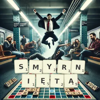 Kreatywna ilustracja do gry w Scrabble ze słowem SMYRNIĘTĄ ułożonym z płytek na planszy.