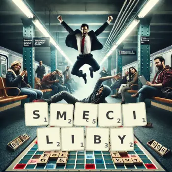 Kreatywna ilustracja do gry w Scrabble ze słowem SMĘCILIBY ułożonym z płytek na planszy.