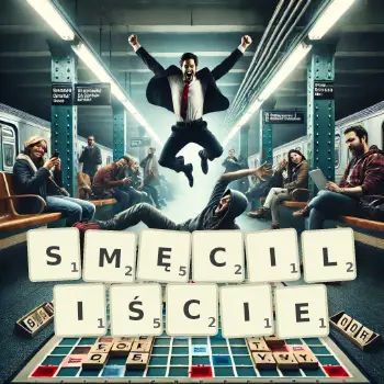 Kreatywna ilustracja do gry w Scrabble ze słowem SMĘCILIŚCIE ułożonym z płytek na planszy.